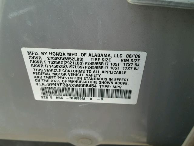 5FNYF384X9B008454 - 2009 HONDA PILOT EX SILVER photo 10