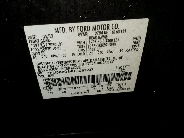 1FM5K8D84DGC69237 - 2013 FORD EXPLORER X BLACK photo 10