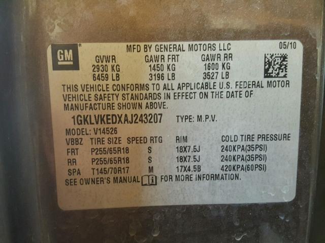 1GKLVKEDXAJ243207 - 2010 GMC ACADIA SL CHARCOAL photo 10