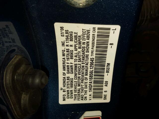 1HGFA16856L129645 - 2006 HONDA CIVIC EX Көк фото 10