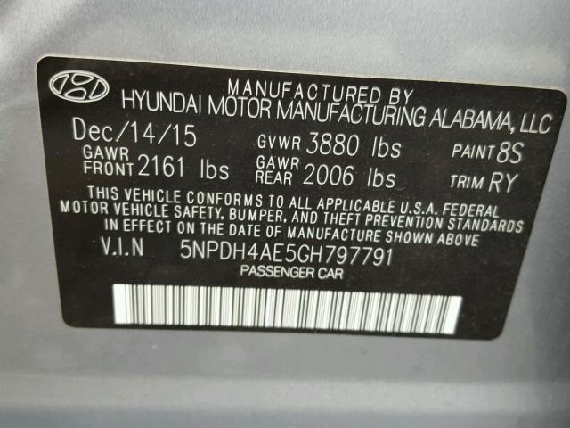 5NPDH4AE5GH797791 - 2016 HYUNDAI ELANTRA SE SILVER photo 10