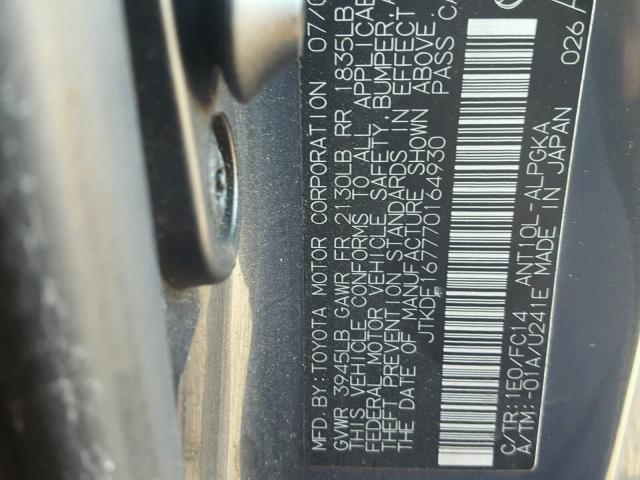 JTKDE167770164930 - 2007 TOYOTA SCION TC 灰色 照片 10