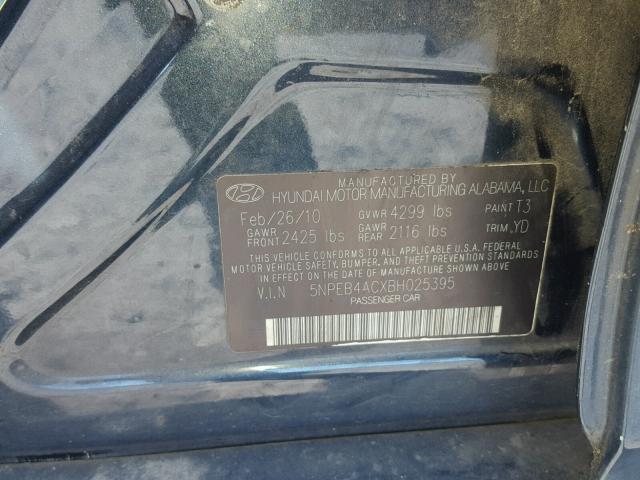 5NPEB4ACXBH025395 - 2011 HYUNDAI SONATA GLS CHARCOAL photo 10