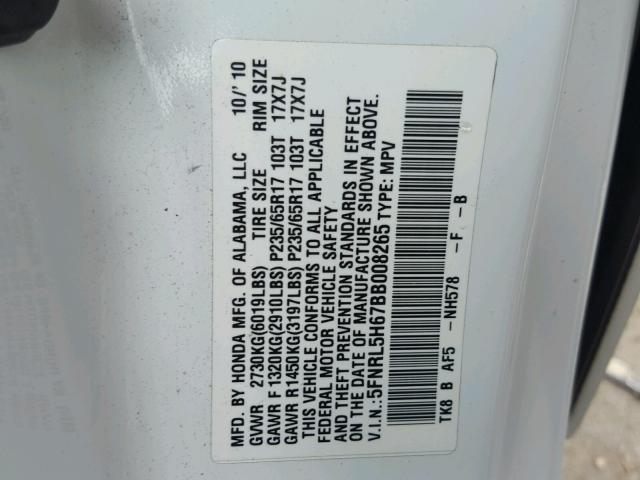 5FNRL5H67BB008265 - 2011 HONDA ODYSSEY EX WHITE photo 10