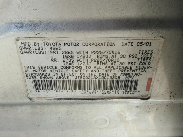 JTEGD21AX10013308 - 2001 TOYOTA HIGHLANDER SILVER photo 10