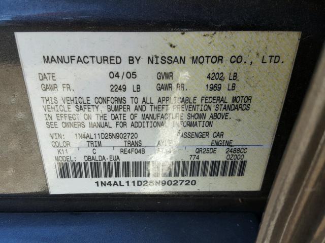 1N4AL11D25N902720 - 2005 NISSAN ALTIMA S GRAY photo 10