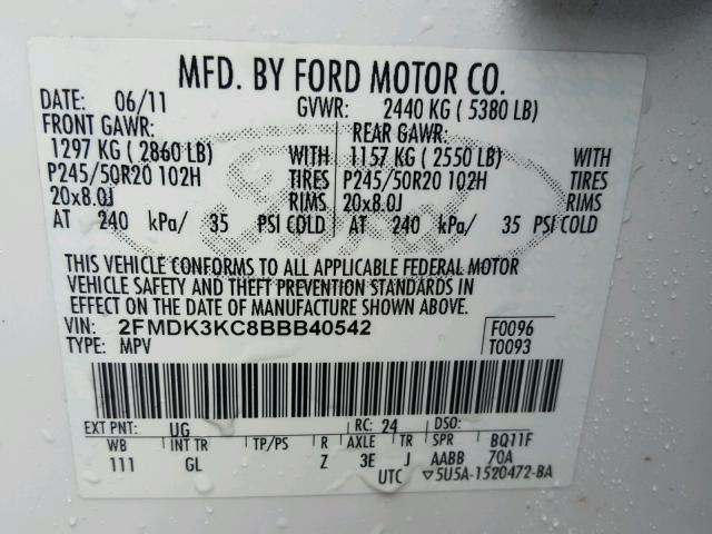 2FMDK3KC8BBB40542 - 2011 FORD EDGE LIMIT WHITE photo 10