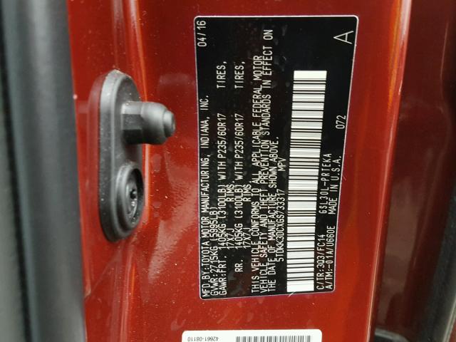 5TDKK3DCXGS733317 - 2016 TOYOTA SIENNA LE RED photo 10