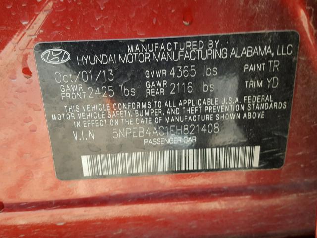 5NPEB4AC1EH821408 - 2014 HYUNDAI SONATA GLS RED photo 10