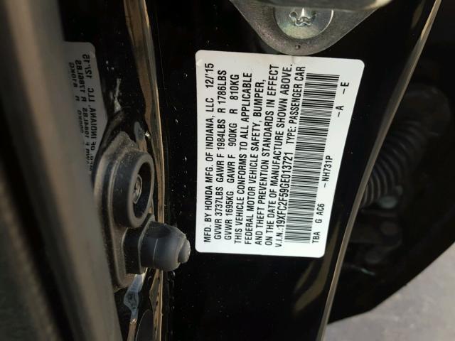 19XFC2F59GE013721 - 2016 HONDA CIVIC LX BLACK photo 10