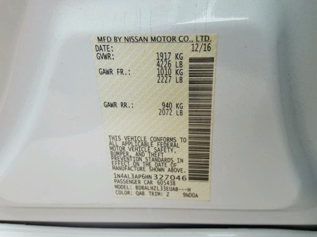 1N4AL3AP6HN327046 - 2017 NISSAN ALTIMA 2.5 WHITE photo 10