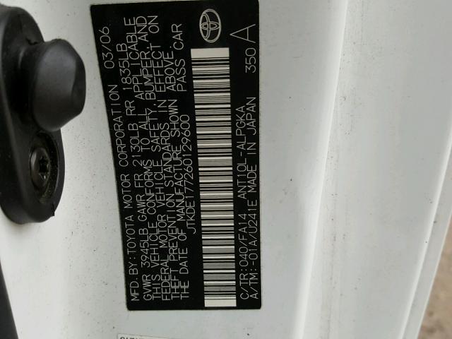 JTKDE177260129600 - 2006 TOYOTA SCION TC 白色 照片 10