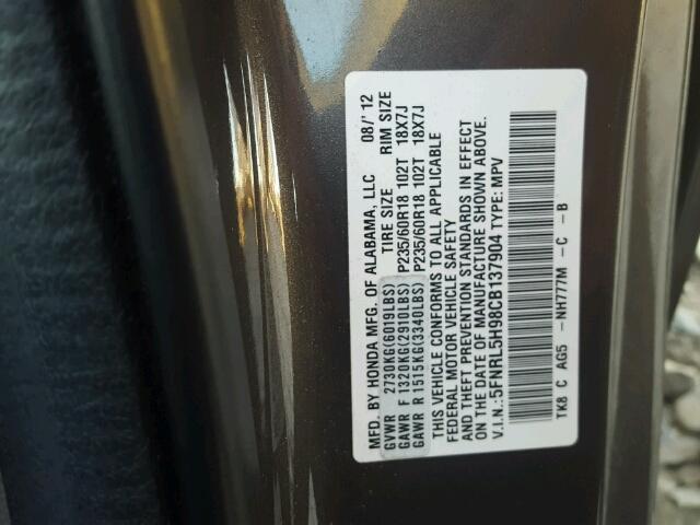 5FNRL5H98CB137904 - 2012 HONDA ODYSSEY TO GRAY photo 10