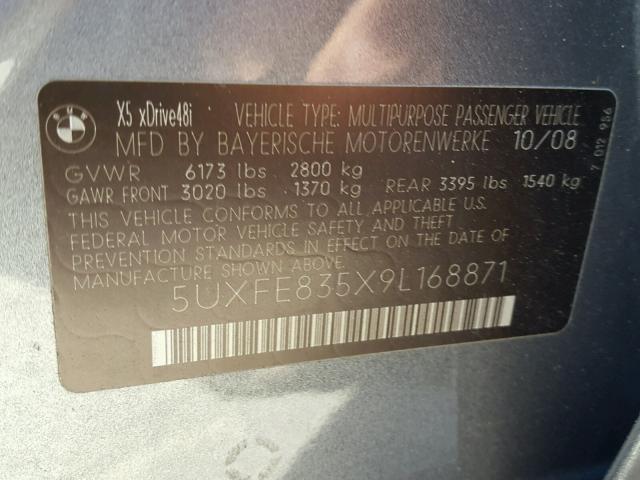 5UXFE835X9L168871 - 2009 BMW X5 XDRIVE4 GRAY photo 10
