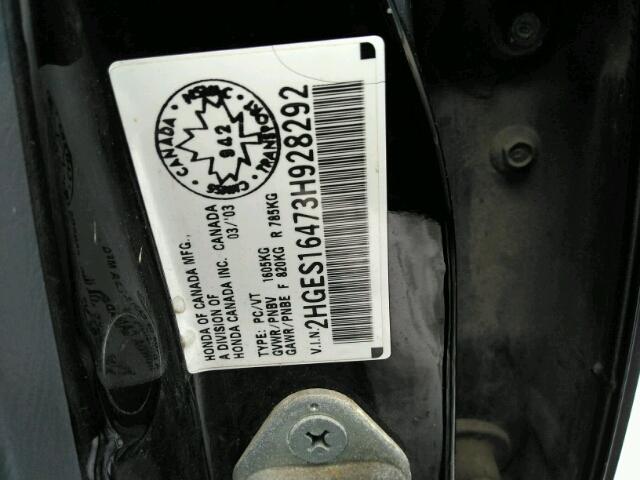 2HGES16473H928292 - 2003 HONDA CIVIC DX BLACK photo 10