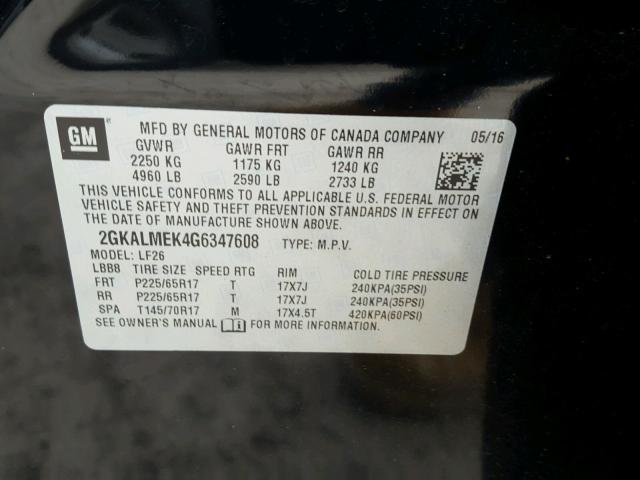 2GKALMEK4G6347608 - 2016 GMC TERRAIN SL BLACK photo 10