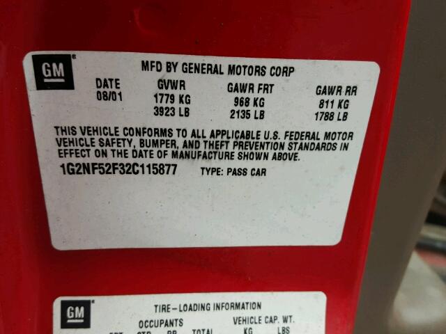 1G2NF52F32C115877 - 2002 PONTIAC GRAND AM S 红色 照片 10