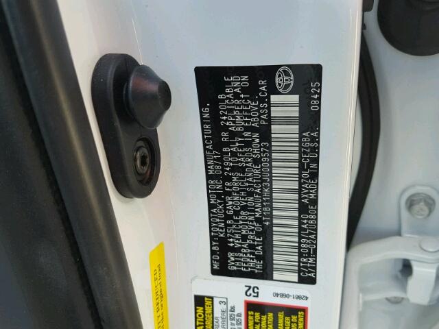 4T1B11HK3JU009573 - 2018 TOYOTA CAMRY L 白色 照片 10