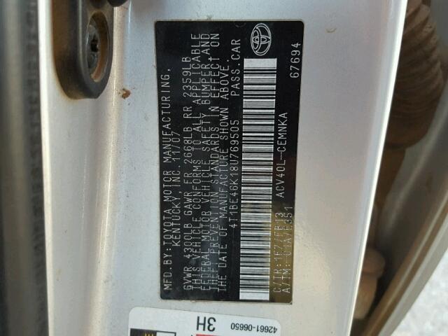 4T1BE46K18U769505 - 2008 TOYOTA CAMRY CE SILVER photo 10