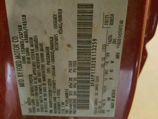 3FAFP11352R113259 - 2002 FORD ESCORT RED photo 10