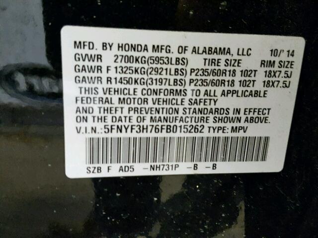 5FNYF3H76FB015262 - 2015 HONDA PILOT EXLN BLACK photo 10