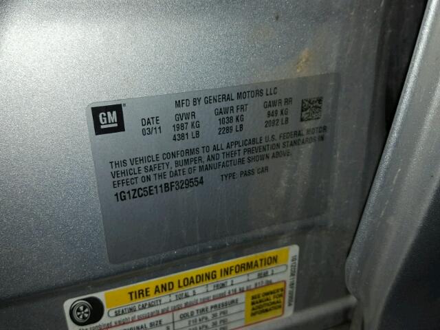 1G1ZC5E11BF329554 - 2011 CHEVROLET MALIBU 1LT SILVER photo 10