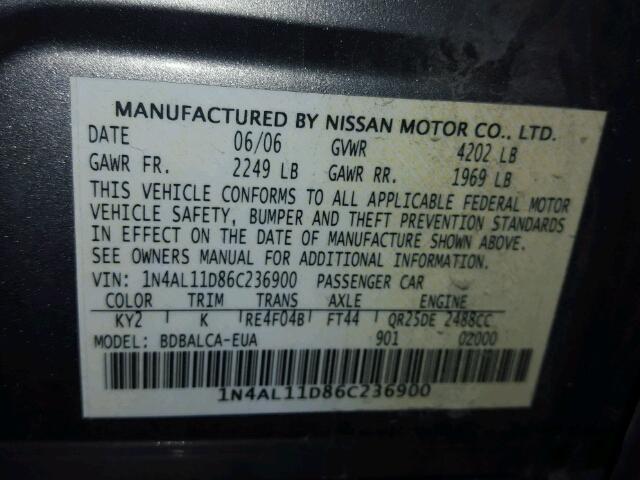 1N4AL11D86C236900 - 2006 NISSAN ALTIMA S TAN photo 10