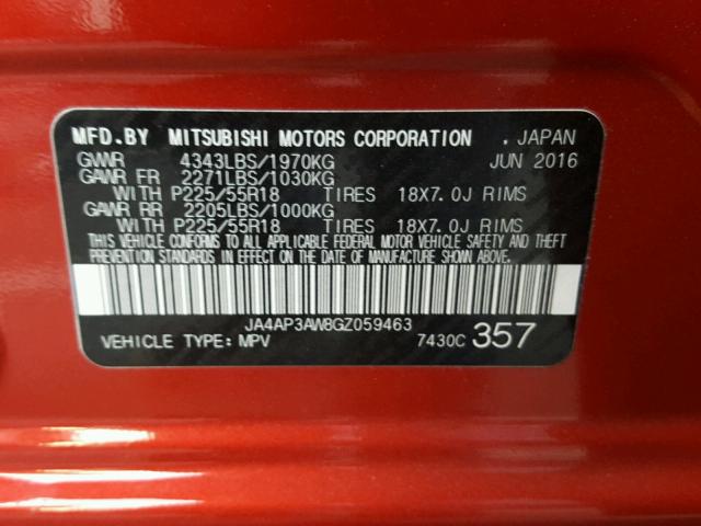 JA4AP3AW8GZ059463 - 2016 MITSUBISHI OUTLANDER RED photo 10