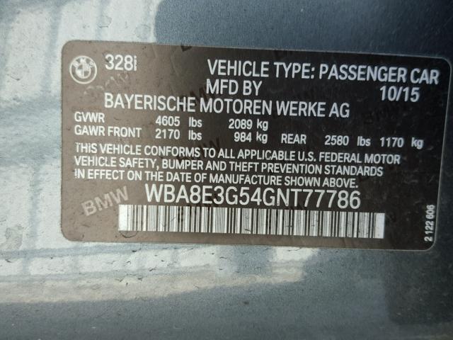 WBA8E3G54GNT77786 - 2016 BMW 328 XI SUL GRAY photo 10