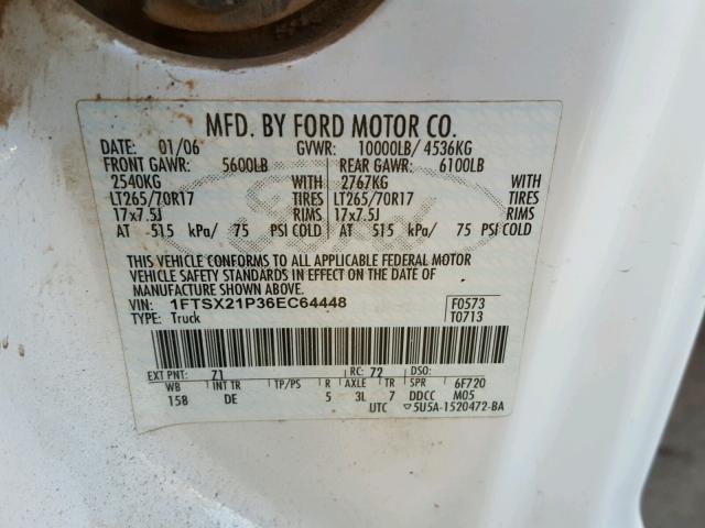 1FTSX21P36EC64448 - 2006 FORD F250 SUPER WHITE photo 10