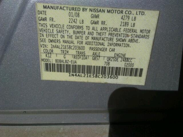 1N4AL21E58C203600 - 2008 NISSAN ALTIMA 2.5 SILVER photo 10