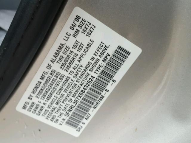 5FNRL387X6B432624 - 2006 HONDA ODYSSEY EX SILVER photo 10