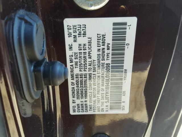 5J6YH18948L006098 - 2008 HONDA ELEMENT SC MAROON photo 10