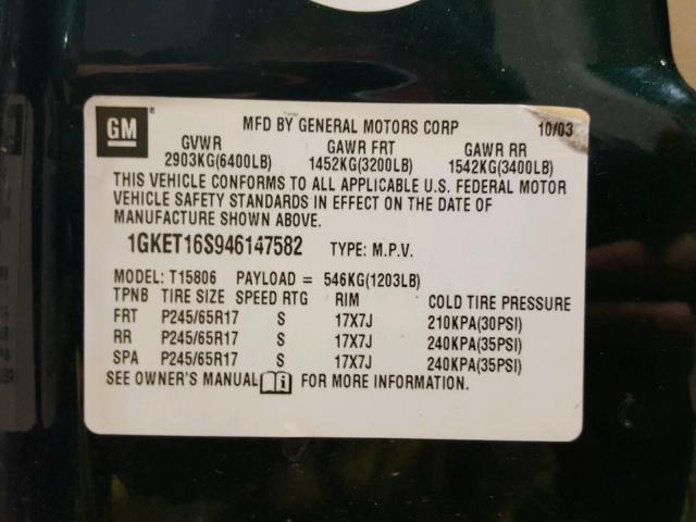 1GKET16S946147582 - 2004 GMC ENVOY XL GREEN photo 10