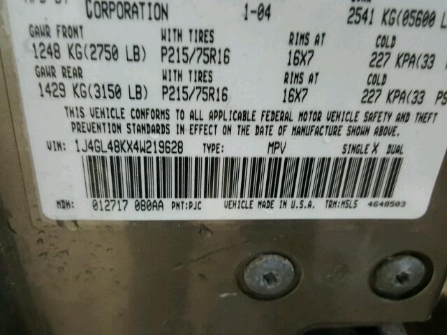 1J4GL48KX4W219628 - 2004 JEEP LIBERTY SP GOLD photo 10