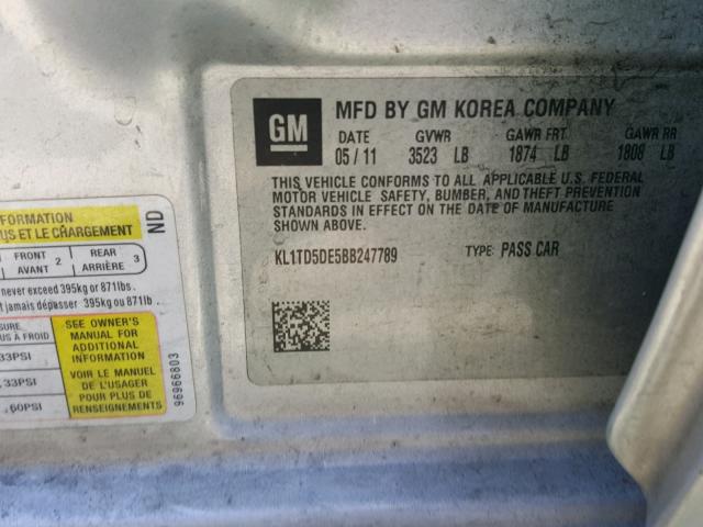 KL1TD5DE5BB247789 - 2011 CHEVROLET AVEO LS WHITE photo 10