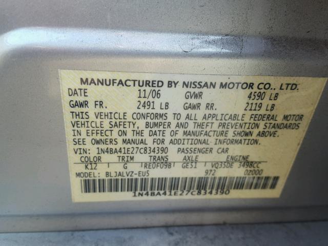 1N4BA41E27C834390 - 2007 NISSAN MAXIMA SE SILVER photo 10