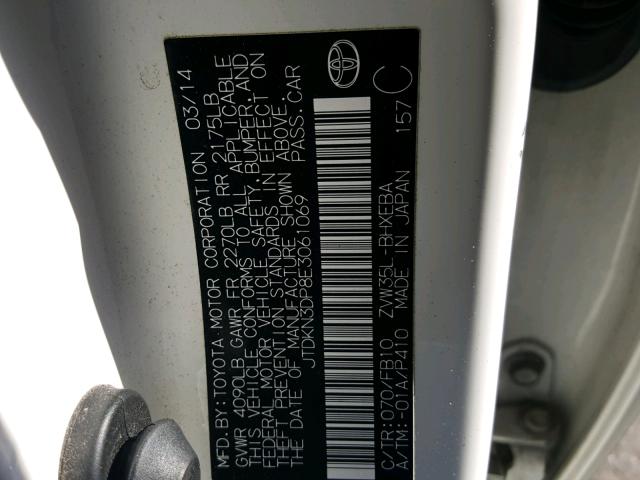 JTDKN3DP8E3061069 - 2014 TOYOTA PRIUS PLUG WHITE photo 10