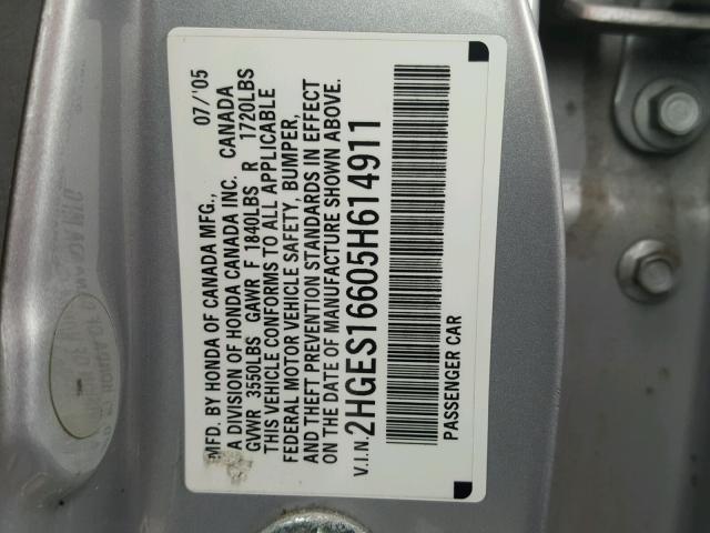 2HGES16605H614911 - 2005 HONDA CIVIC LX GRAY photo 10