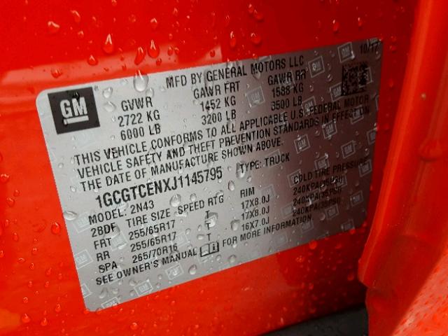 1GCGTCENXJ1145795 - 2018 CHEVROLET COLORADO L RED photo 10