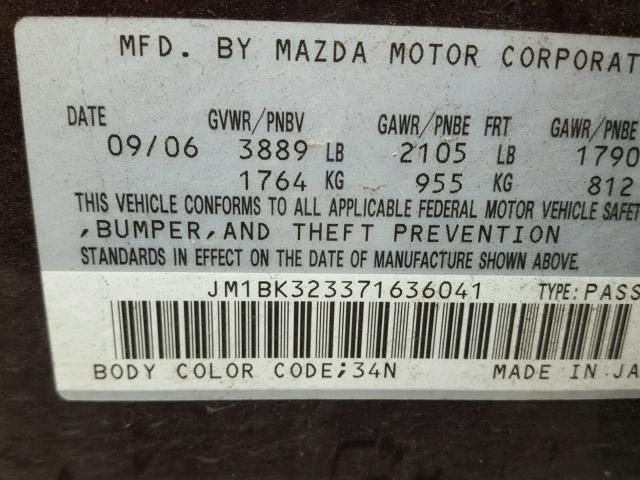 JM1BK323371636041 - 2007 MAZDA 3 PURPLE photo 10