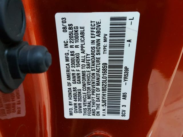 5J6YH18523L016859 - 2003 HONDA ELEMENT EX ORANGE photo 10