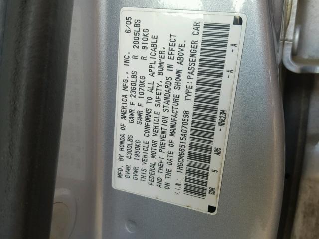 1HGCM66515A070598 - 2005 HONDA ACCORD EX GRAY photo 10