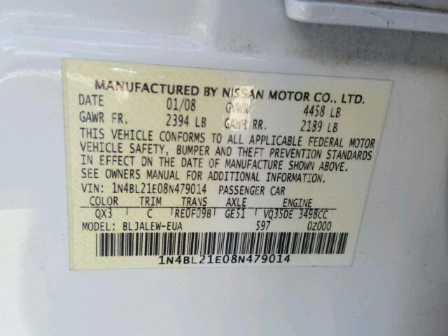 1N4BL21E08N479014 - 2008 NISSAN ALTIMA 3.5 WHITE photo 10