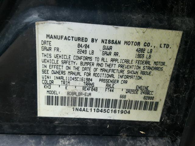 1N4AL11D45C161904 - 2005 NISSAN ALTIMA S BLACK photo 10