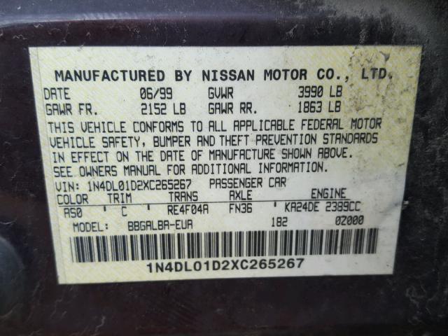 1N4DL01D2XC265267 - 1999 NISSAN ALTIMA XE PURPLE photo 10