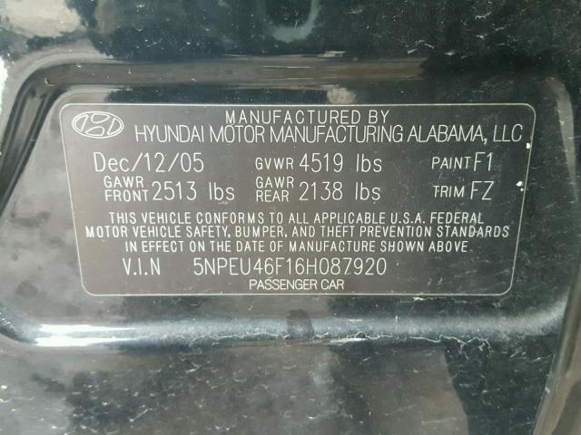 5NPEU46F16H087920 - 2006 HYUNDAI SONATA GLS BLACK photo 10