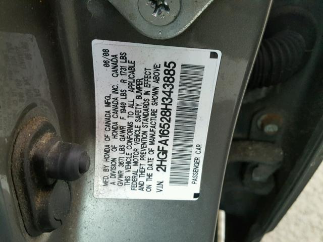 2HGFA16528H343885 - 2008 HONDA CIVIC LX GRAY photo 10