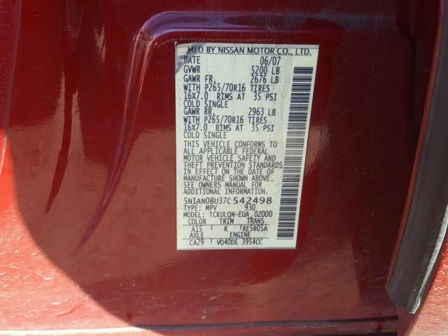 5N1AN08U37C542498 - 2007 NISSAN XTERRA OFF RED photo 10