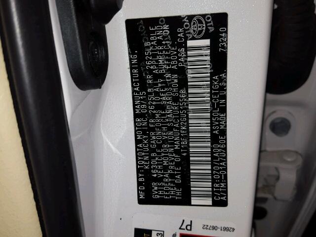 4T1BF1FK2GU515568 - 2016 TOYOTA CAMRY LE თეთრი ფოტო 10